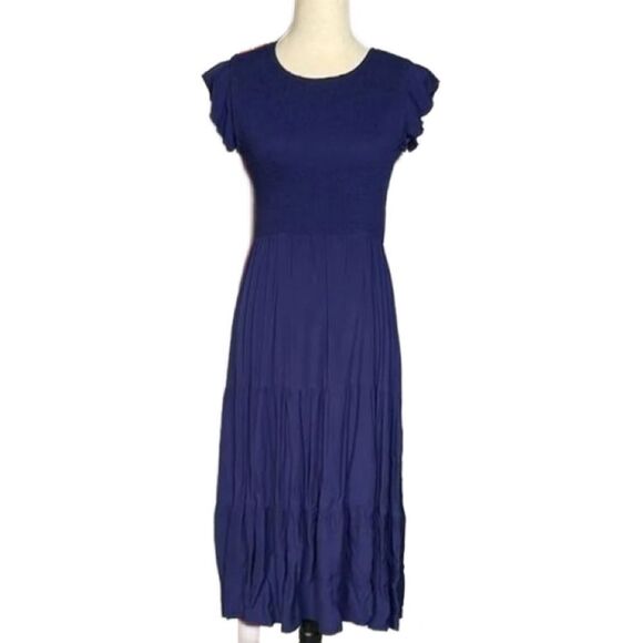 Fashion Elegant Navy Blue Midi Dress w/Smocked Top & Flutter Sleeves (Size: Med) - Picture 8 of 12